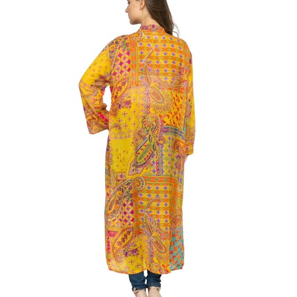 Raj Open Front Mosaic Print Kimono Yellow Gold Purple Green Fuchsia One Size - Picture 2 of 6